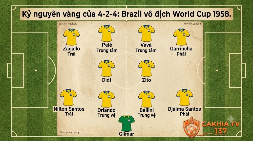 Đội hình sơ đồ chiến thuật 4-2-4 huyền thoại giúp đội tuyển Brazil vô địch World Cup 1958 do CakhiaTV phân tích.