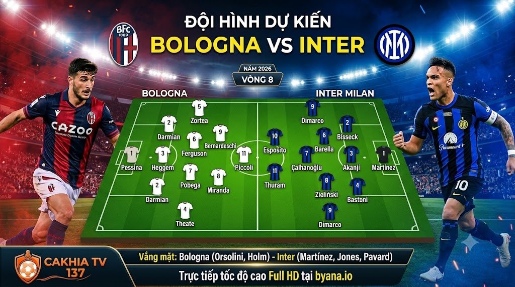 Sơ đồ đội hình ra sân dự kiến trận Bologna vs Inter Milan cập nhật mới nhất cùng danh sách chấn thương