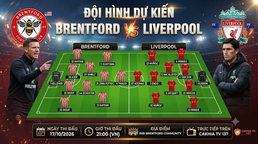 Đội hình dự kiến trận Brentford gặp Liverpool với sơ đồ chiến thuật 4-2-3-1 đối đầu của cả hai đội.