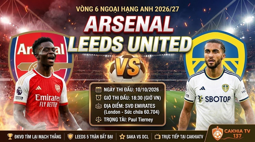 Nhận định Arsenal vs Leeds United vòng 6 Ngoại hạng Anh lúc 18h30 ngày 10/10/2026 trên CakhiaTV