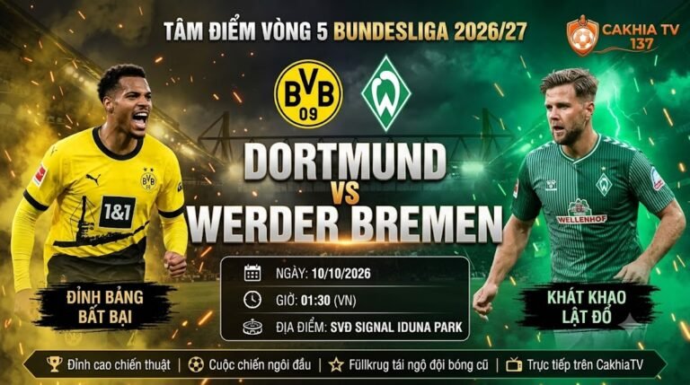 Ảnh bìa nhận định trận đấu Dortmund vs Werder Bremen vòng 5 Bundesliga 2026/27 cập nhật mới nhất trên chuyên trang bóng đá CakhiaTV.