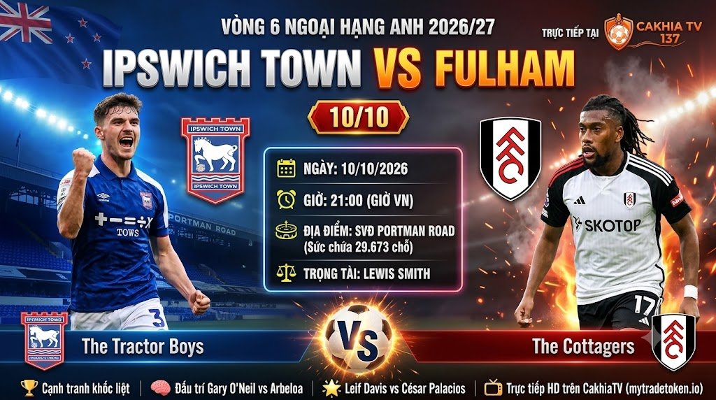 Nhận định Ipswich vs Fulham vòng 6 Ngoại hạng Anh 2026, soi kèo, dự đoán tỷ số trực tiếp trên CakhiaTV.