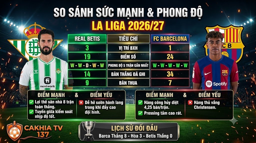 Bảng so sánh phong độ, sức mạnh và lịch sử đối đầu giữa Real Betis vs FC Barcelona