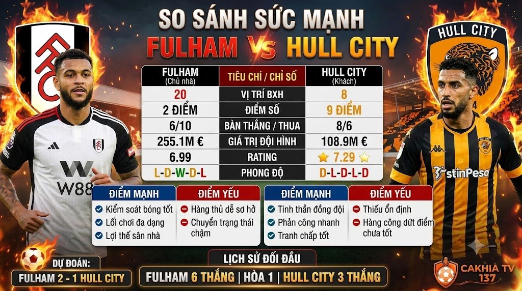 Bảng thống kê phong độ và so sánh sức mạnh giữa Fulham và Hull City